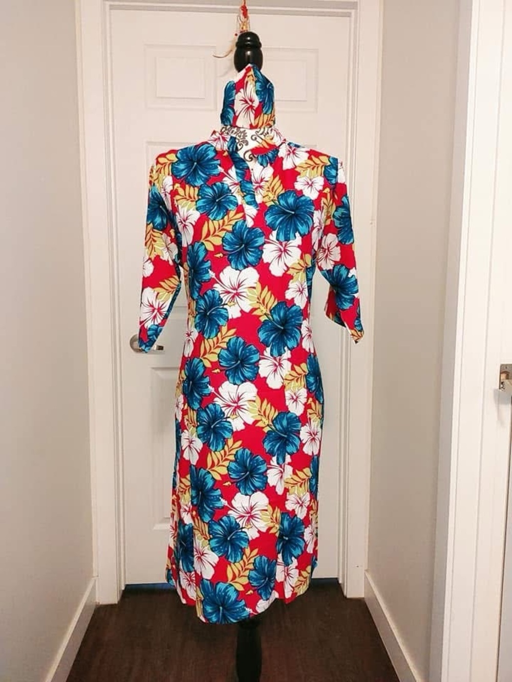 Floral Midi Dress in Red with Blue Hibiscus